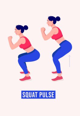 Kız Squat Pulse egzersizi yapıyor, kadın spor yapıyor, aerobik yapıyor ve egzersiz yapıyor. Vektör İllüstrasyonu.