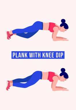 Diz altı egzersizli Plank yapan bir kız, kadın spor, aerobik ve egzersiz yapan bir kız. Vektör İllüstrasyonu.