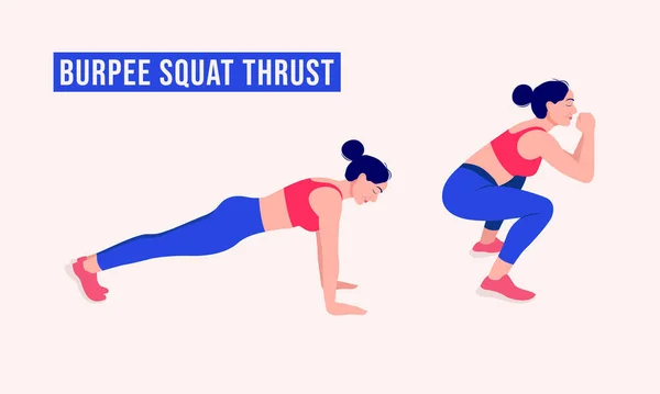 Burpee Squat Itiş Egzersizi Yapan Bir Kız Kadın Spor Aerobik — Stok Vektör