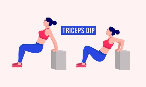Triceps Dip Egzersizi Yapan Bir Kız Kadın Spor Salonu Aerobik — Stok Vektör