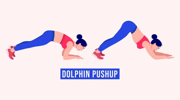 Chica Haciendo Ejercicio Dolphin Pushup Ejercicio Mujer Fitness Aeróbico Ejercicios — Vector de stock