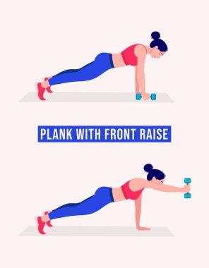 Kız Plank with Front Raise egzersizi, kadın spor, aerobik ve egzersiz yapıyor. Vektör İllüstrasyonu.