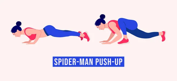 Meisje Doet Spiderman Push Oefening Vrouw Workout Fitness Aerobic Oefeningen — Stockvector