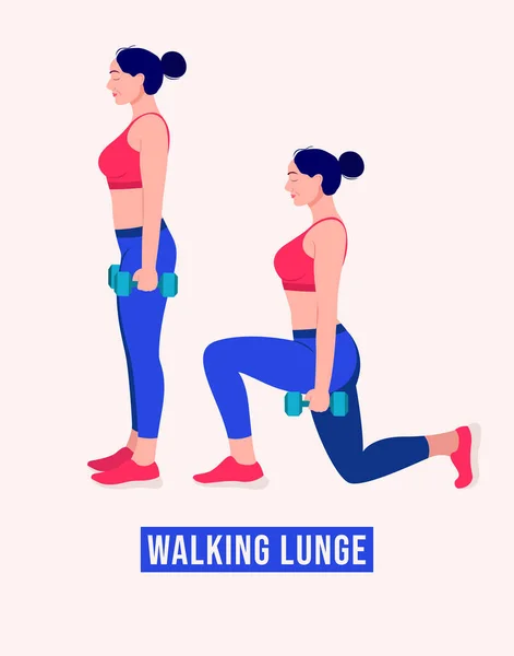 Yürüyen Lunge Egzersizi Yapan Bir Kız Kadın Spor Salonu Aerobik — Stok Vektör