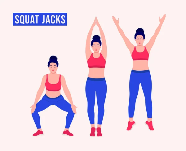 Chica Haciendo Ejercicio Squat Jacks Ejercicio Mujer Fitness Aeróbico Ejercicios — Archivo Imágenes Vectoriales