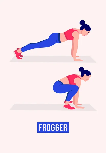 Flicka Gör Frogger Motion Kvinna Träning Fitness Aerobic Och Övningar — Stock vektor