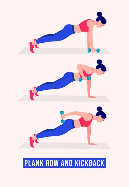 Mädchen Bei Plank Row Und Kickback Übungen Women Workout Fitness — Stockvektor