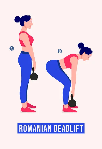 Romen Deadlift egzersizi yapan kız, kadın spor, aerobik ve egzersiz yapıyor. Vektör İllüstrasyonu.