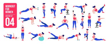 Antrenman kızı seti. Kadın spor yapıyor, yoga yapıyor. Akciğerler ve çömelmeler, kalas ve kalas. Tüm vücut egzersizi.