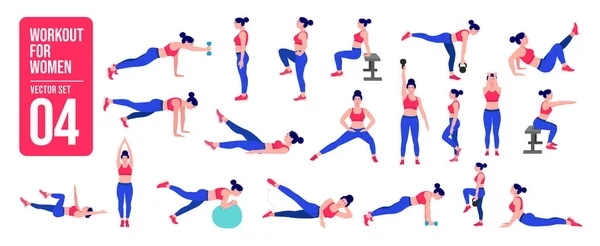 Antrenman kızı seti. Kadın spor yapıyor, yoga yapıyor. Akciğerler ve çömelmeler, kalas ve kalas. Tüm vücut egzersizi.