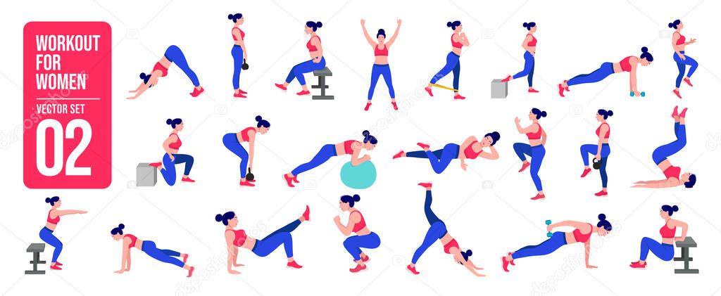 Workout girl set. Woman doing fitness and yoga exercises. Lunges and squats, plank and abc. Full body workout.