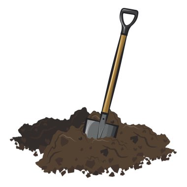Toprakta kürek. Beyaz arkaplanda izole edilmiş vektör karikatür çizimi.