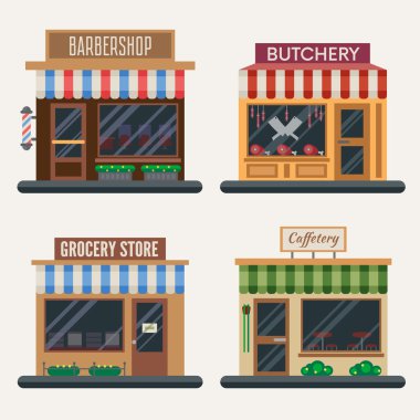 Dükkan kümesi. Kasaplık, Şekerci, tarım ürünleri, pizza Cafe, kahve, berber dükkanı. Düz vektör çizim.
