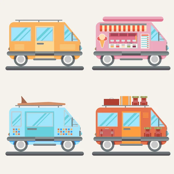 Комплект туристических автобусов для туризма, мороженого, путешествий или серфинга — стоковый вектор