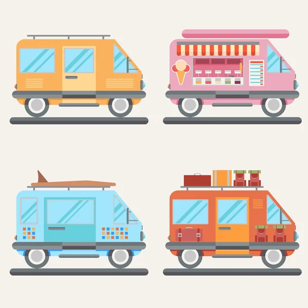 Conjunto de autobuses turísticos para turismo, helados, viajes o surf — Vector de stock