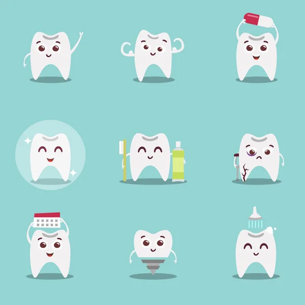 Set de lindos dientes de dibujos animados con cepillo y limpio, ideal para el concepto de cuidado dental de la salud — Vector de stock