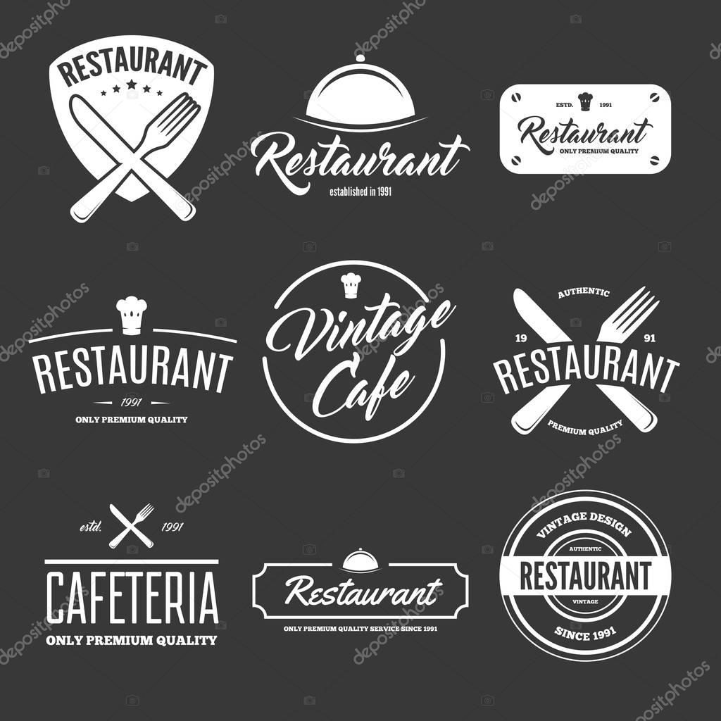 Collection of vintage style elements for labels and badges for restaurants in the background