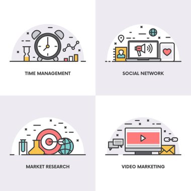 Vektör Lineer tasarım. Kavramlar ve zaman yönetimi, sosyal ağ, Pazar araştırması ve video pazarlama için simgeler
