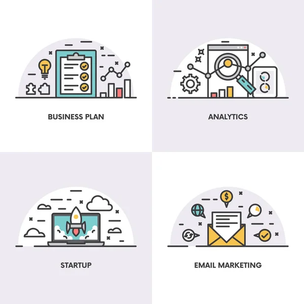 Design liniar vectorial. Concepte și pictograme pentru planul de afaceri, analiză, startup și marketing prin e-mail — Vector de stoc