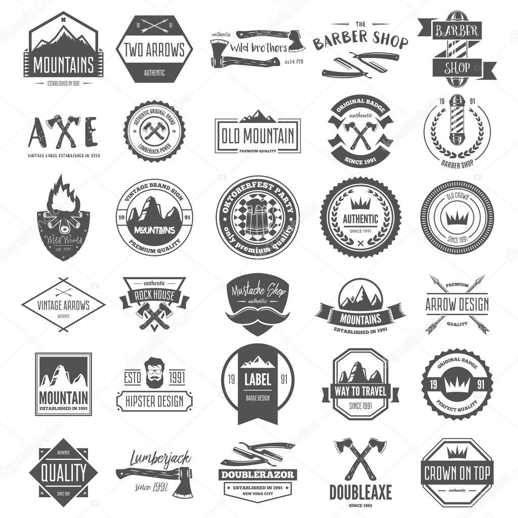 Set of vintage vector elements, labels, badges, objects and silhouettes