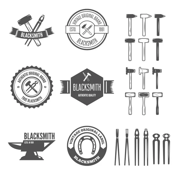 Set of vector logotypes elements, labels, badges and silhouettes for blacksmith — Stock Vector