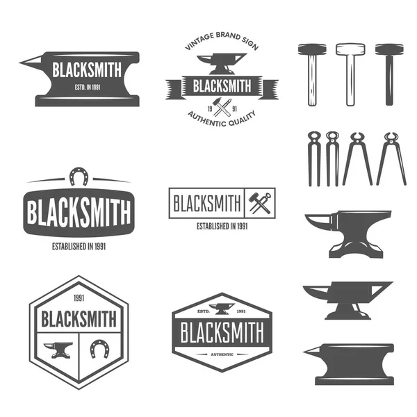 Set of vector logotypes elements, labels, badges and silhouettes for blacksmith — Stock Vector