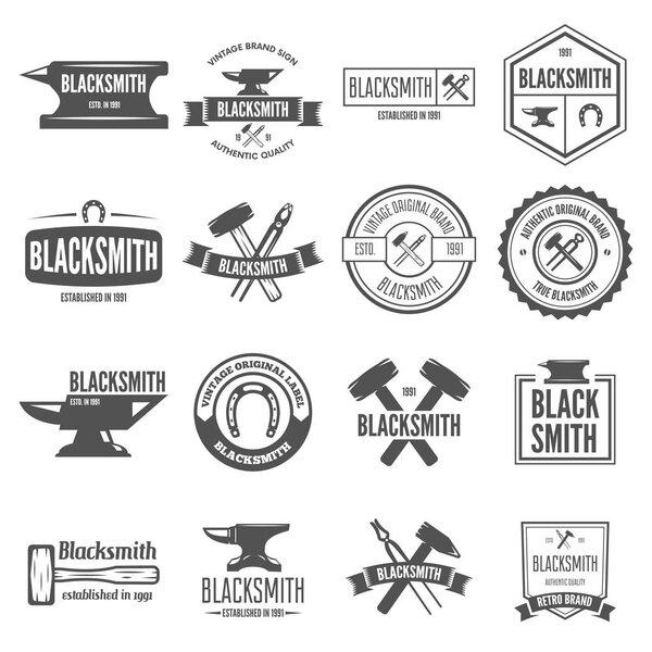 Set of vector logotypes elements, labels, badges and silhouettes for blacksmith