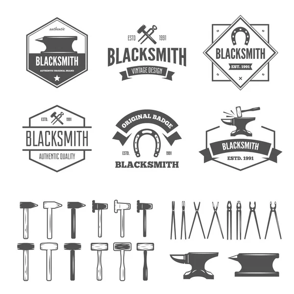 Set of vector logotypes elements, labels, badges and silhouettes for blacksmith — Stock Vector