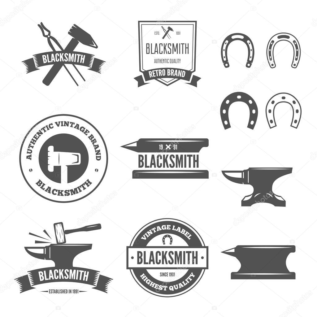 Set of vector elements, labels, badges and silhouettes for blacksmith