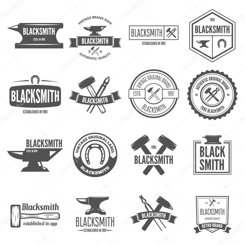 Set of vector elements, labels, badges and silhouettes for blacksmith