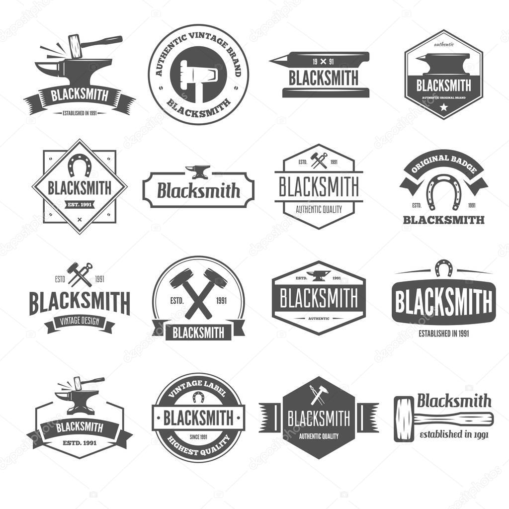 Set of vector elements, labels, badges and silhouettes for blacksmith