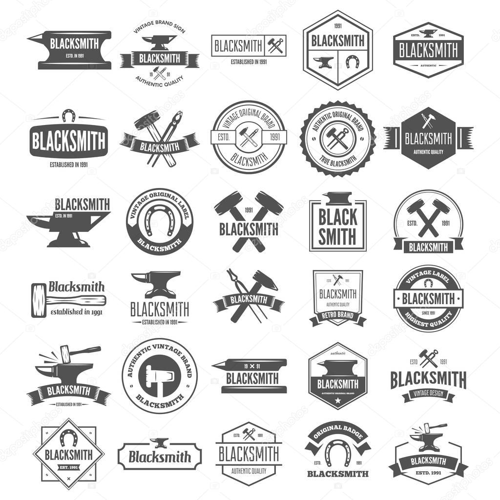 Set of vector elements, labels, badges and silhouettes for blacksmith