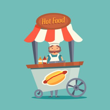 Mutlu satıcı sosisli sandviç gönderme. Renkli pozitif illüstrasyon karikatür tarzı