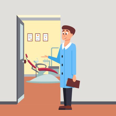 Genç ve mutlu dişçi office araçları ile davet ediyor. Vektör çizim karikatür tarzı