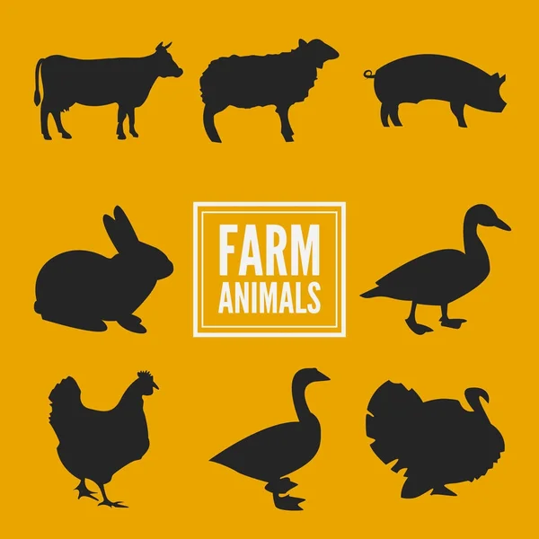 Farma zvířat siluety kolekce izolované na žluté vektor — Stockový vektor