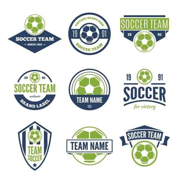 Collection of white, green and blue Vector Soccer logos and insignias — Stock Vector