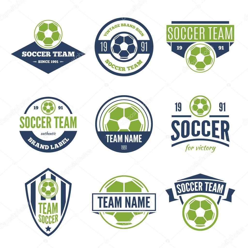 Collection of white, green and blue Vector Soccer logos and insignias