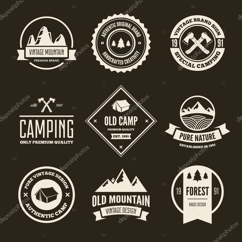 Set of vector mountain and outdoor adventures logo. Tourism, hiking and camping labels and badges.