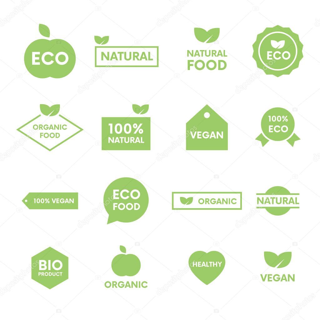 Set of green labels and badges with leaves for organic, natural, bio and eco products on white background