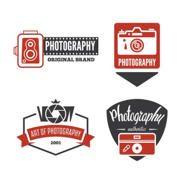 Fotoğraf logo, rozetleri ve etiket tasarım öğeleri kümesi. Fotoğraf kamera vintage tarzı nesneler.