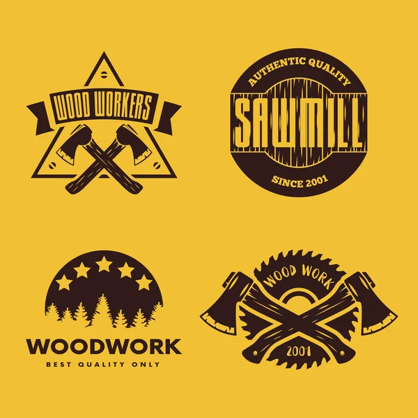 Set vintage timmerwerk, houtbewerking en monteur labels, badges, emblemen en logo. — Stockvector