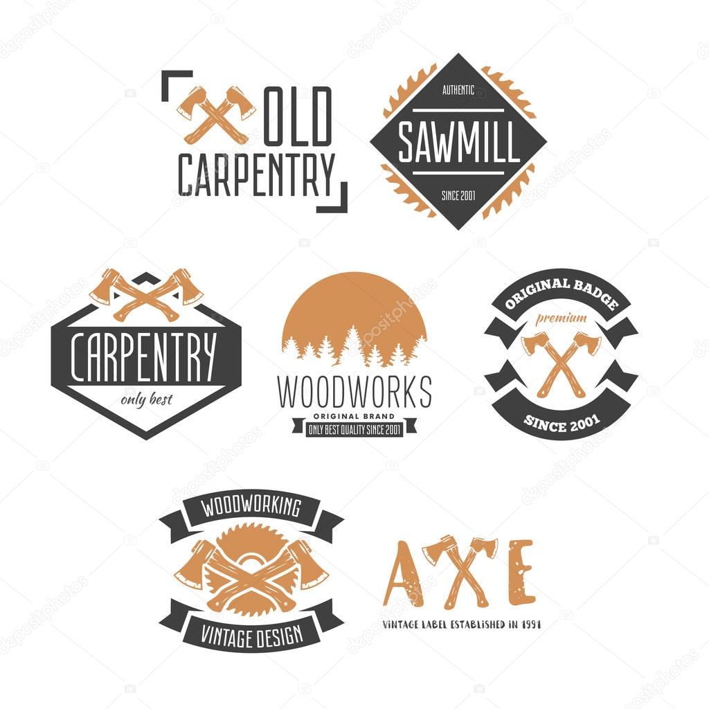 Set of vintage carpentry, woodwork and mechanic labels, badges, emblems and logo.