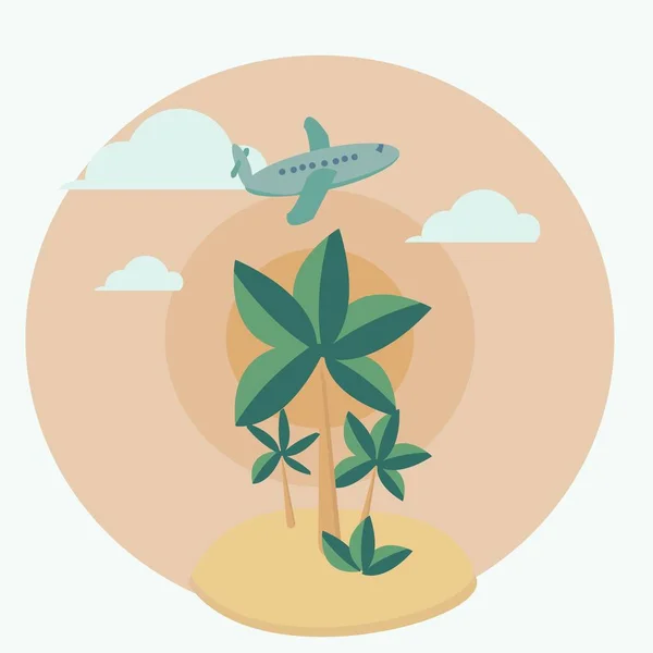 Cartoon Bright Vector Logo Flat Design Plane Palms Island Clouds — Stock Vector