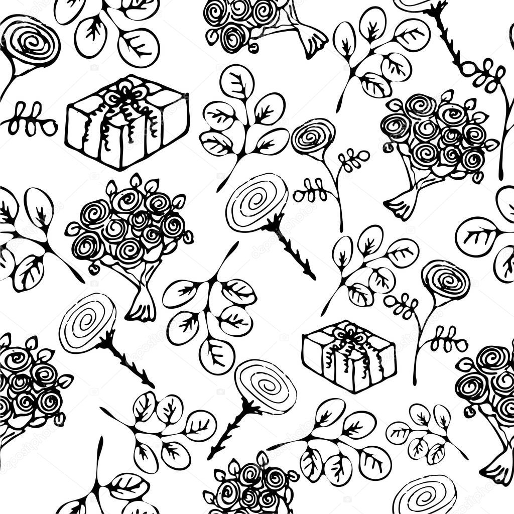 Doodle cartoon fanny vector seamless pattern with present roses leaves in black colors on white background. 