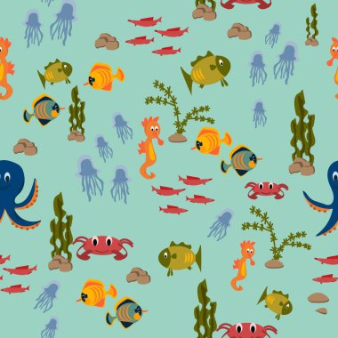 Çizgi film balığı, denizanası, yengeç, ahtapot, mavi arka planda deniz atı çizimleriyle renksiz, parlak bir vektör deseni çizimi. Anderwater akvaryum yaşamı