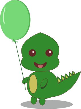 Şirin, parlak çizgi film karakteri dinozor vektörü Kawawii yeşil renkli, balonlu, beyaz arka planda ve gölgede izole. Kart, logo, poster, tekstil için çocuk tasarımı. Mutlu, gülen surat.