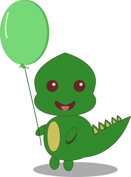 Bonito desenho animado brilhante personagem dinossauro design vetor kawawii em cores verdes com balão, isolado em fundo branco e sombra. Design de crianças para cartão, logotipo, cartaz, têxtil. Cara feliz e sorridente . —  Vetores de Stock