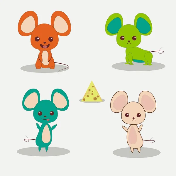 Colorful mouses vector kawaii illustration isolated on white background with shadow. Different colours and emotions. Chees for bonus — Stock vektor