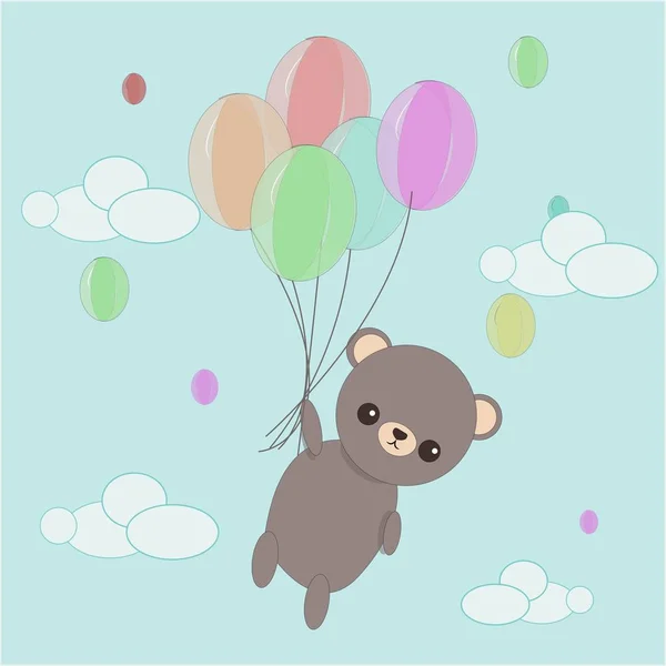 Karikatura kreslení medvěd v kawaii design ve vektoru. Karta, plakát s komiksem létající zvíře s .ballons na obloze pozadí. — Stockový vektor