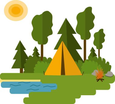 Kamp alanı basit düz tasarım vektör içinde. Parlak renkler, çadır, göl, kamp ateşi ve güneş.